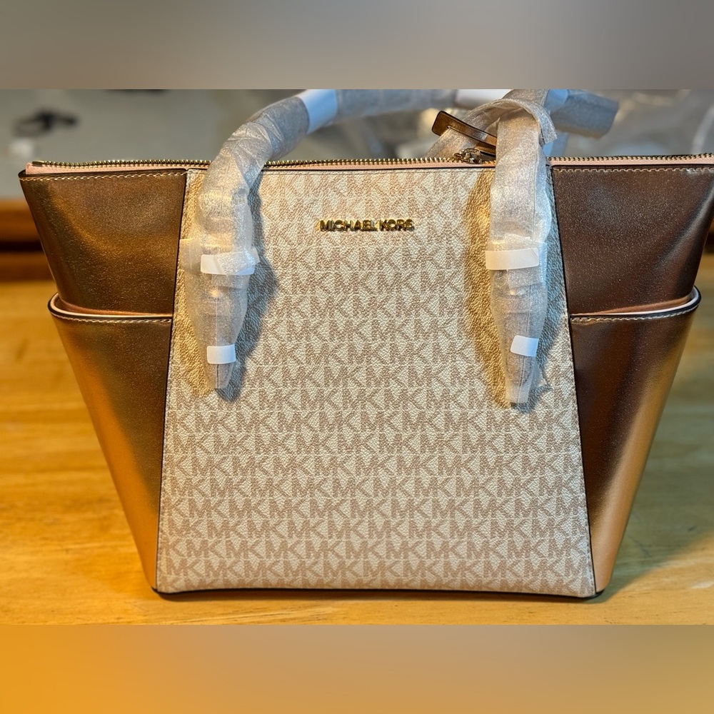 Michael Kors Gold and Cream Tote Bag with Monogram Design NEW WITH TAGS